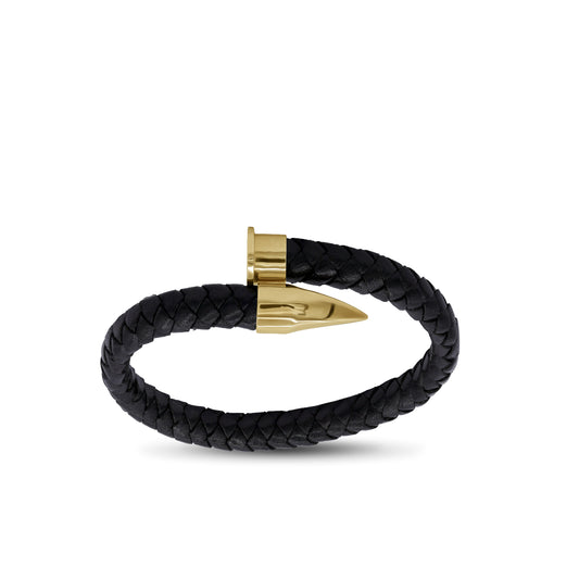 Braided Black Leather Bracelet with 18K Yellow Gold Clasp