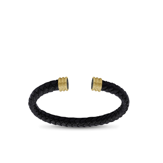 Braided Black Leather Cuff Bracelet with 18K Yellow Gold Ends