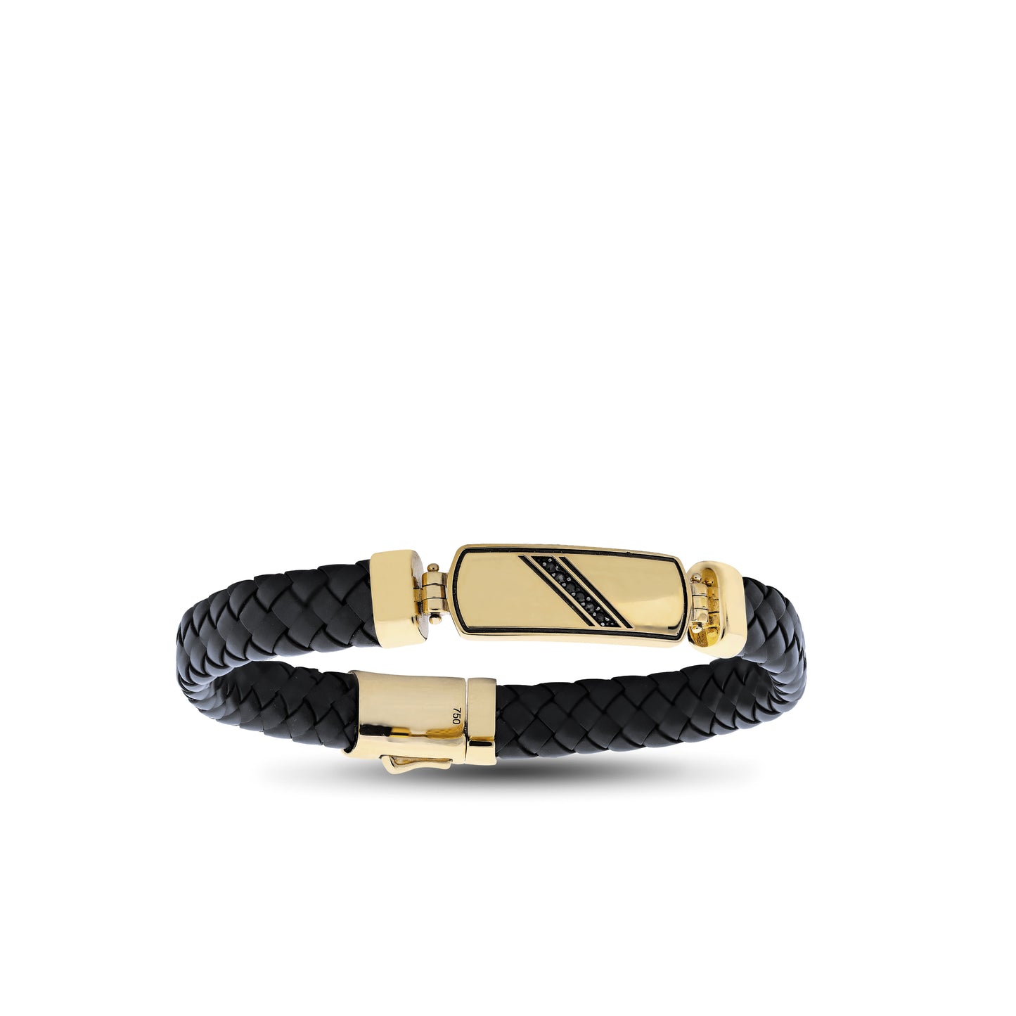 Men’s Leather Bracelet with 18k Yellow Gold Plate & Black Stones | Jamal Al Muhra