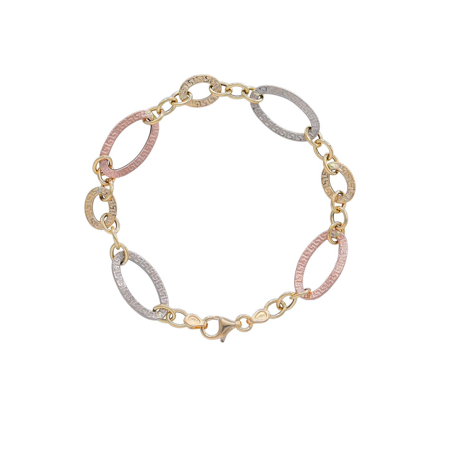 18k Yellow, White & Rose Gold Engraved Oval Link Bracelet | Jamal Al Muhra
