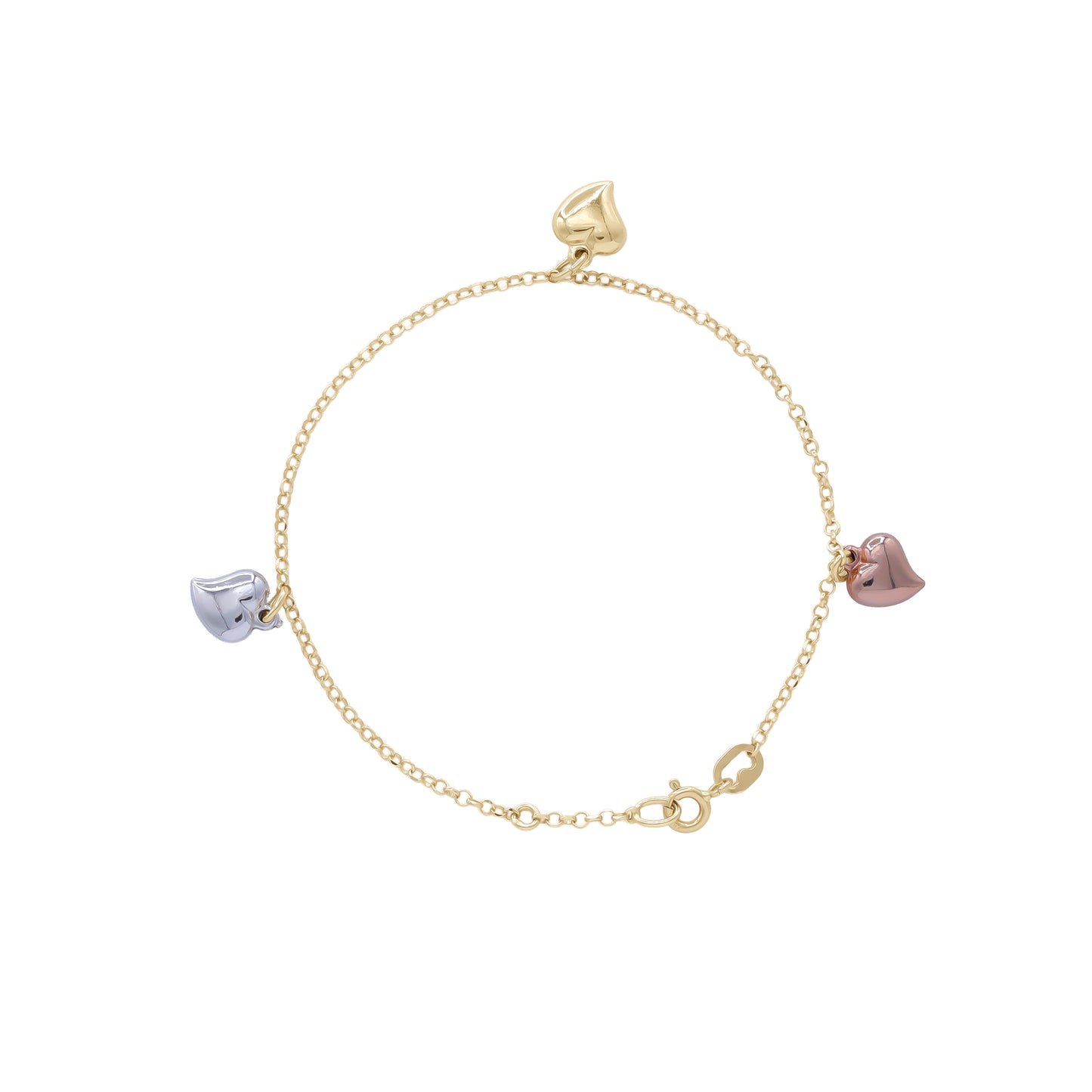 18k Yellow, White & Rose Gold Heart Charms Bracelet | Jamal Al Muhra