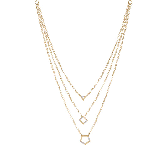 18K Gold Triple Layer Geometric Necklace | Triangle, Diamond & Pentagon Design | Jamal Al Muhra