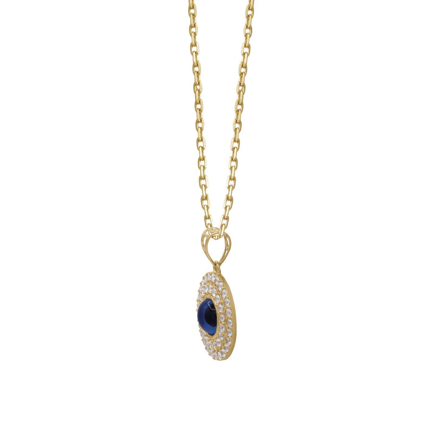 18k Gold Evil Eye Round Pendant Necklace | Blue Enamel & CZ Halo | Jamal Al Muhra