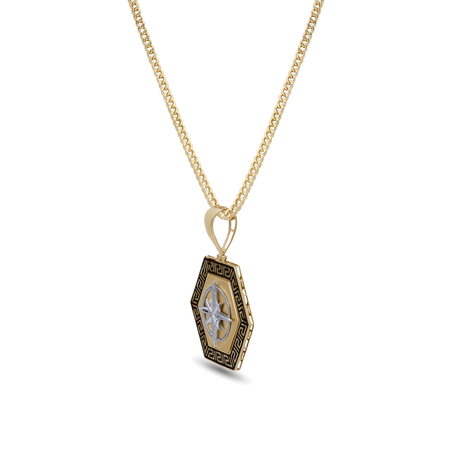 18k Two-Tone Gold Compass Pendant Necklace | Hexagon Greek Border | Jamal Al Muhra