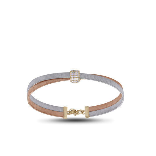 Three-Tone Bangle with Diamond-Style Cube – 18k White, Rose & Yellow Gold | Jamal Al Muhra