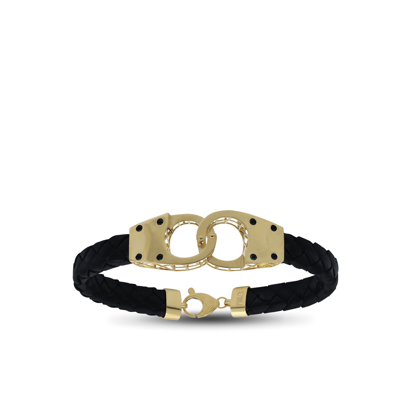 Men’s Leather Bracelet with 18k Yellow Gold Double Loop & Black Stones | Jamal Al Muhra