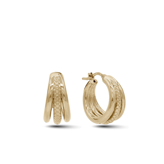 18k Gold Triple Row Hoop Earrings | Textured Center Band | Jamal Al Muhra