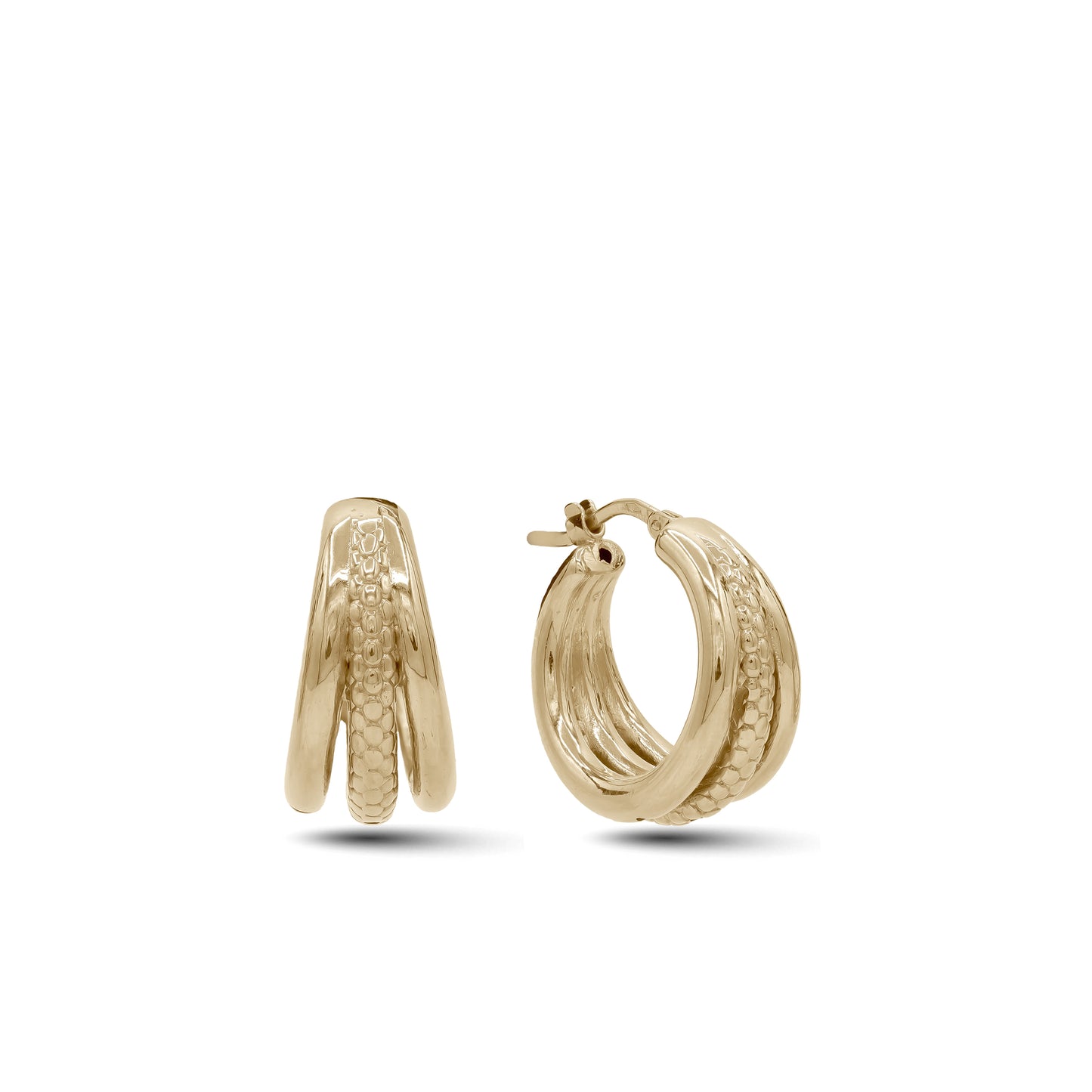 18k Gold Medium Triple Row Hoop Earrings | Textured Band | Jamal Al Muhra