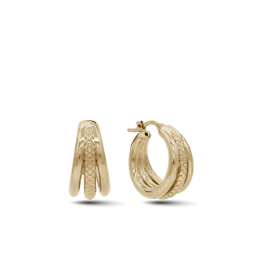 18k Gold Medium Triple Row Hoop Earrings | Textured Band | Jamal Al Muhra