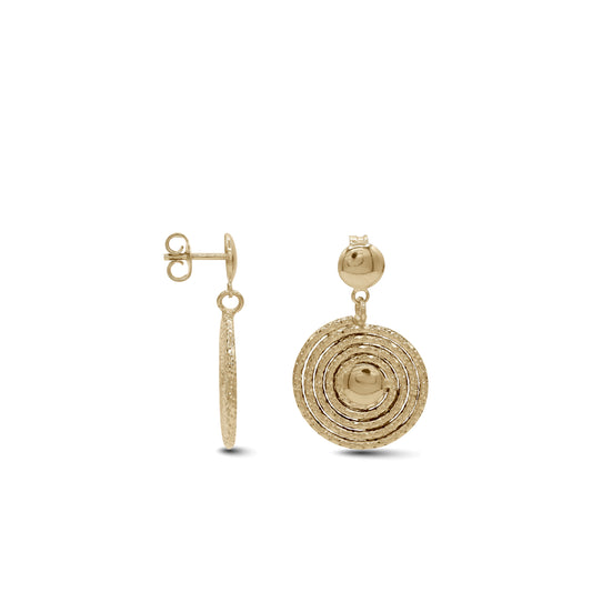 18k Gold Textured Disc Drop Earrings | Modern Circle Design | Jamal Al Muhra