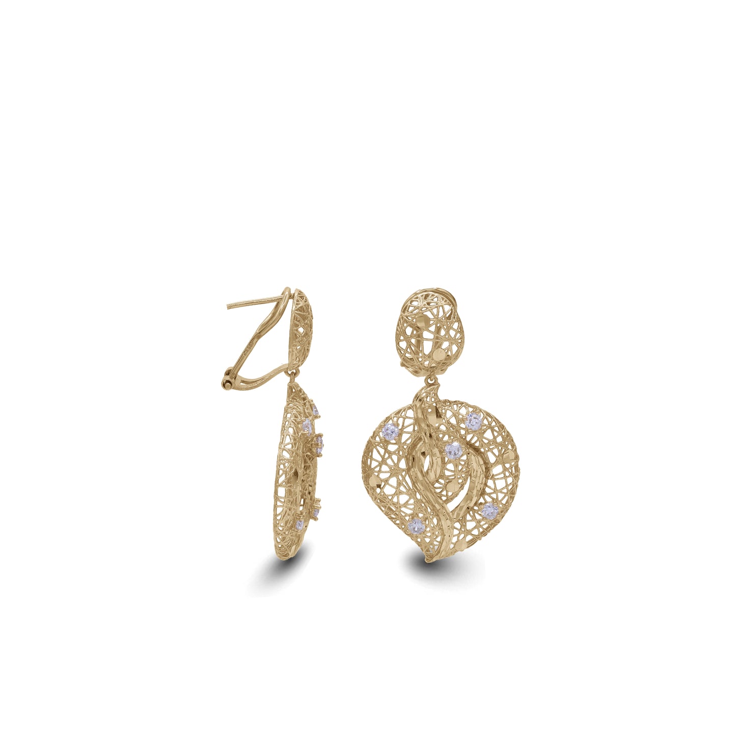 18k Gold Filigree Drop Earrings | Intricate Lace Design with Stones | Jamal Al Muhra