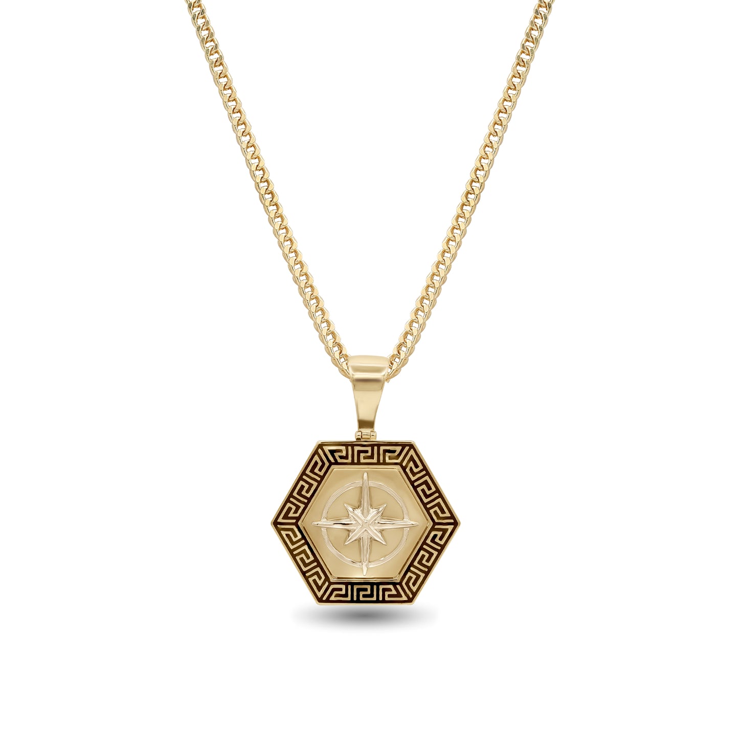 18k Two-Tone Gold Compass Pendant Necklace | Hexagon Greek Border | Jamal Al Muhra