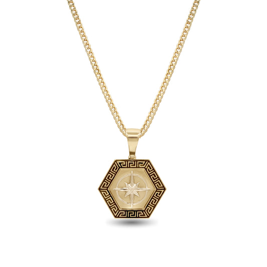 18k Two-Tone Gold Compass Pendant Necklace | Hexagon Greek Border | Jamal Al Muhra