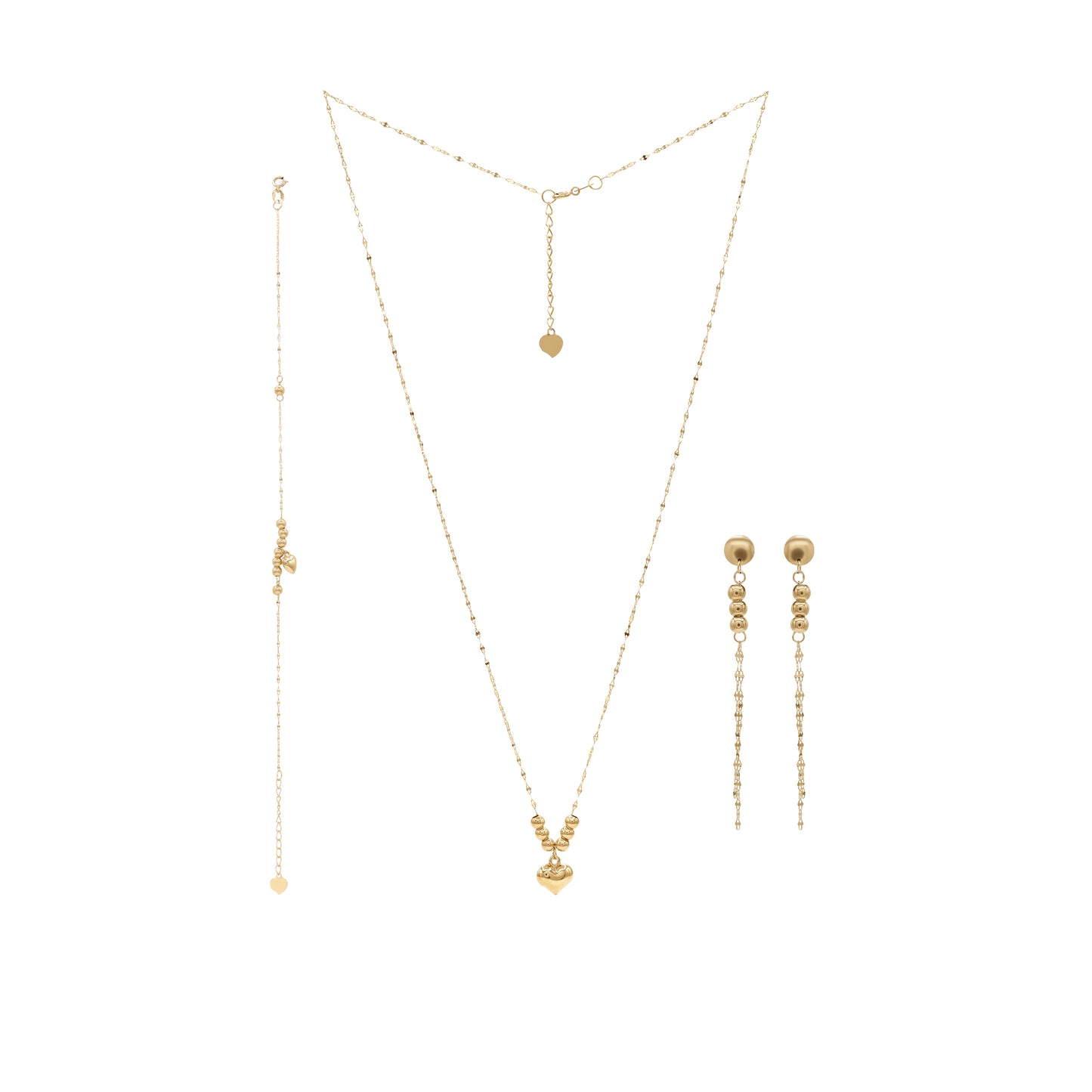 Gold Chain Jewelry Set with Heart Detail – Necklace, Bracelet & Earrings