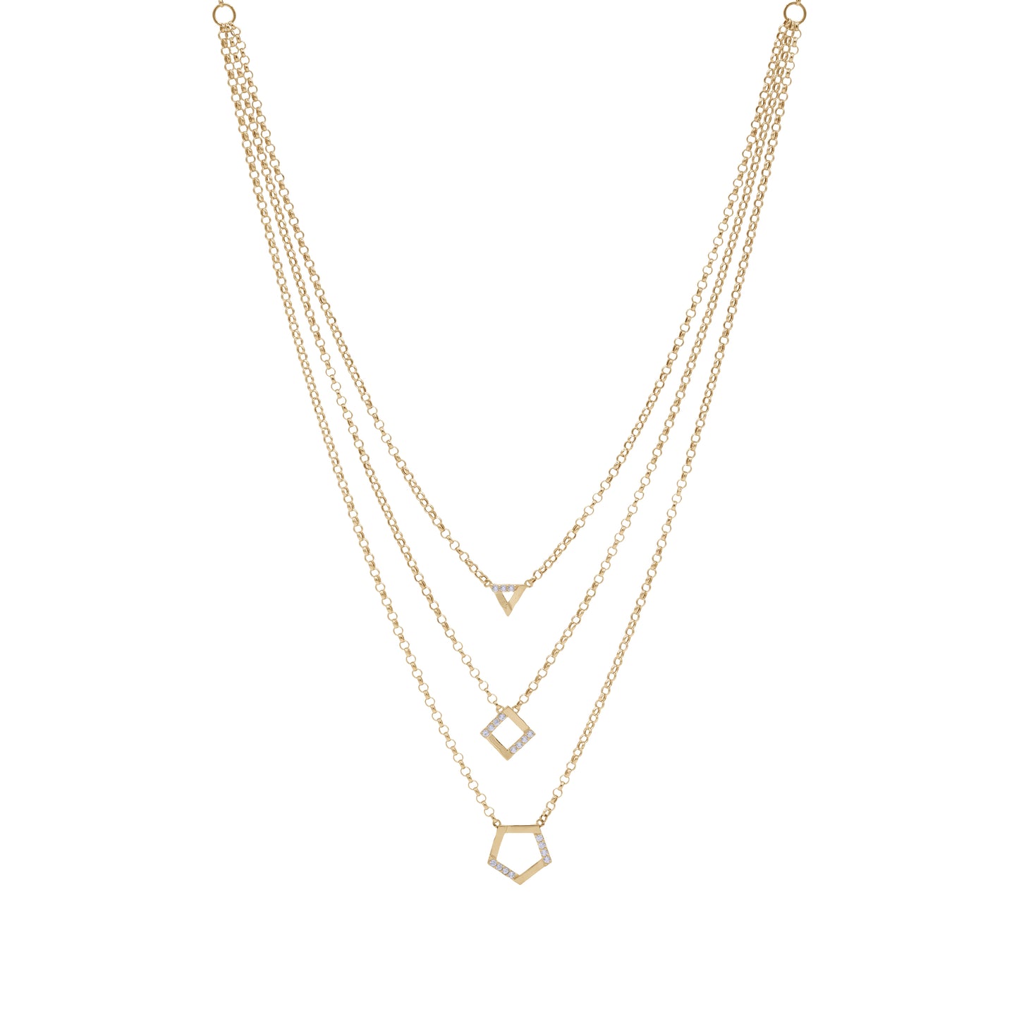 18K Gold Triple Layer Geometric Necklace | Triangle, Diamond & Pentagon Design | Jamal Al Muhra