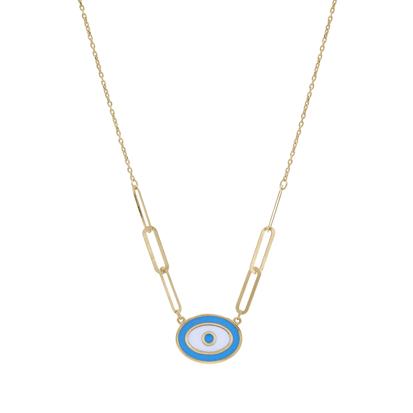 18K Gold Blue Enamel Evil Eye Necklace | Modern Paperclip Chain Design | Jamal Al Muhra