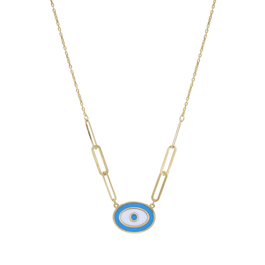 18K Gold Blue Enamel Evil Eye Necklace | Modern Paperclip Chain Design | Jamal Al Muhra