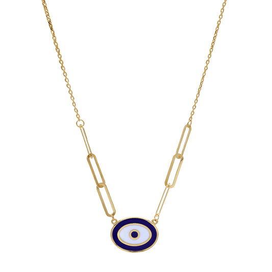 18K Gold Dark Blue Enamel Evil Eye Necklace | Modern Paperclip Chain Design | Jamal Al Muhra