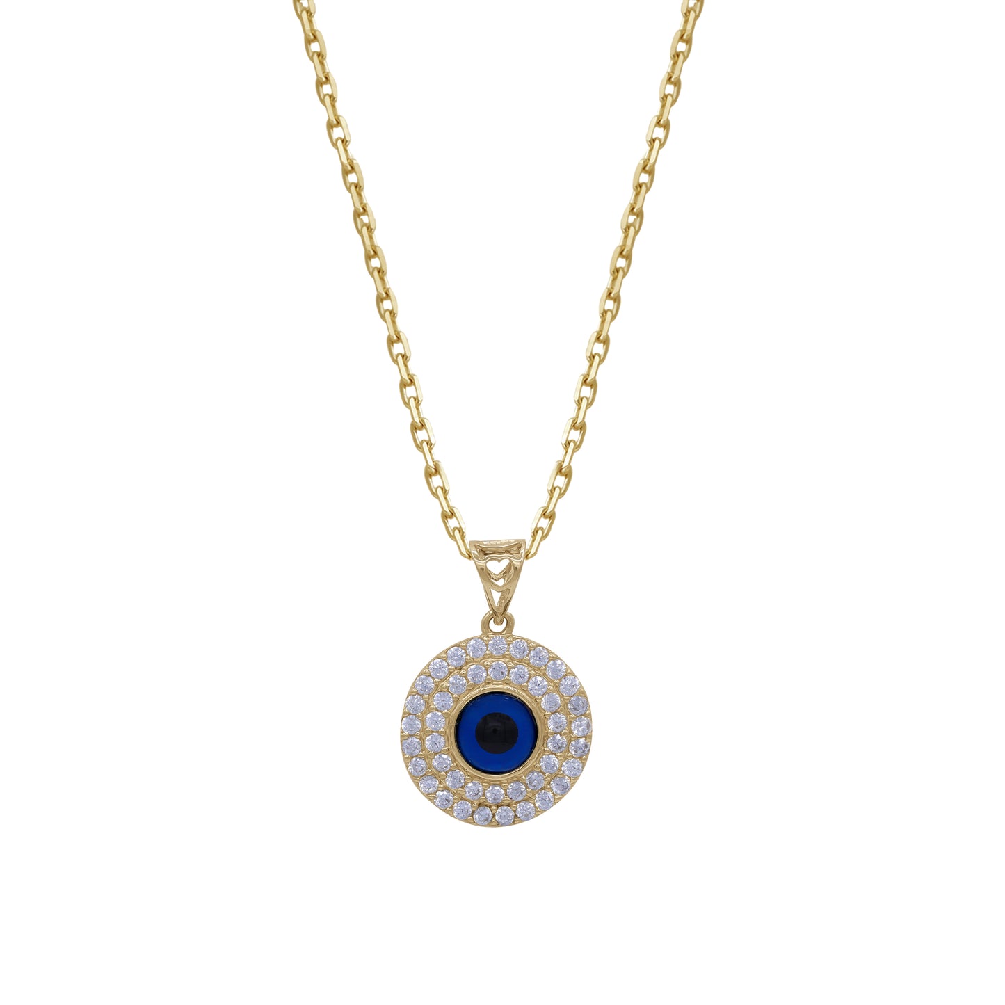18k Gold Evil Eye Round Pendant Necklace | Blue Enamel & CZ Halo | Jamal Al Muhra