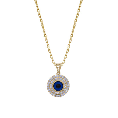 18k Gold Evil Eye Round Pendant Necklace | Blue Enamel & CZ Halo | Jamal Al Muhra