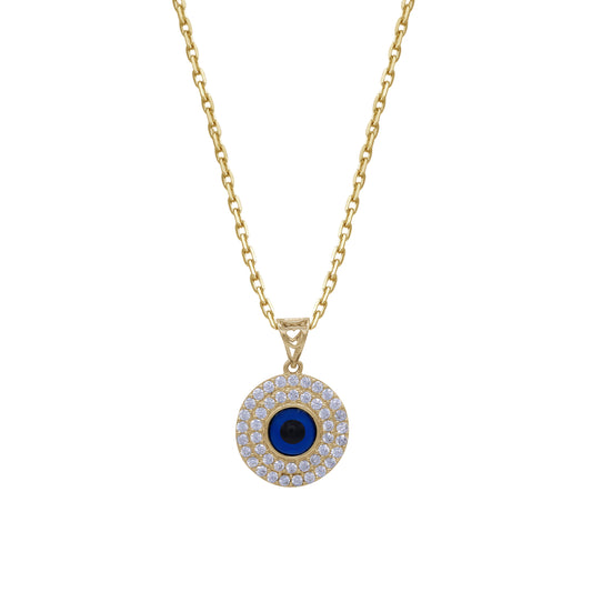 18k Gold Evil Eye Round Pendant Necklace | Blue Enamel & CZ Halo | Jamal Al Muhra