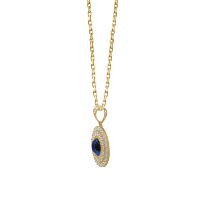 18k Gold Evil Eye Round Pendant Necklace | Blue Enamel & CZ Halo | Jamal Al Muhra