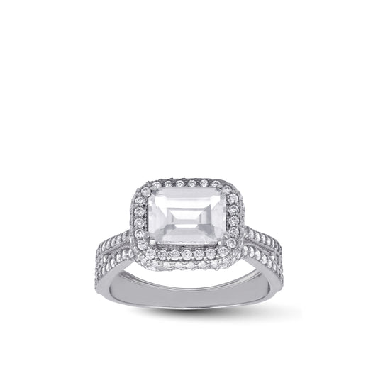18k White Gold Rectangular Halo Ring with Sparkling Stones | Jamal Al Muhra
