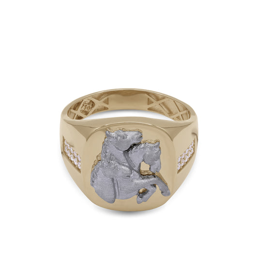 18k Yellow & White Gold Horse Design Men's Ring with Side Stones | Jamal Al Muhra