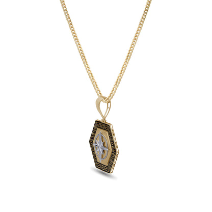 18k Two-Tone Gold Compass Pendant Necklace | Hexagon Greek Border | Jamal Al Muhra